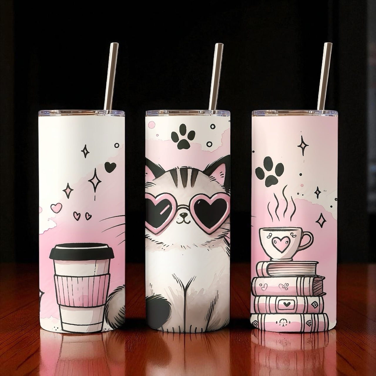 Kawaii Cat Tumbler – Pink Coffee & Books Cup with Straw (20oz Skinny