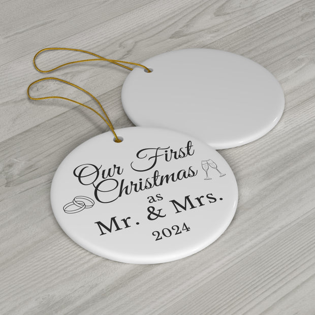 Christmas Mr and Mrs Ceramic Ornament, First Married Holiday Gift, Newlyweds Keepsake Decoration, Tree Decor, Wedding Present, Xmas Bauble,