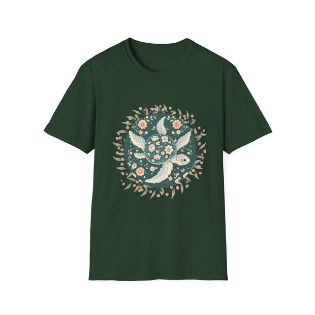 Floral Turtle Unisex Softstyle T-Shirt - Nature-Inspired Graphic Tee for Eco-Lovers