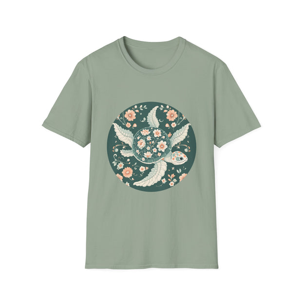 Floral Turtle Unisex Softstyle T-Shirt - Eco-Friendly Nature Apparel