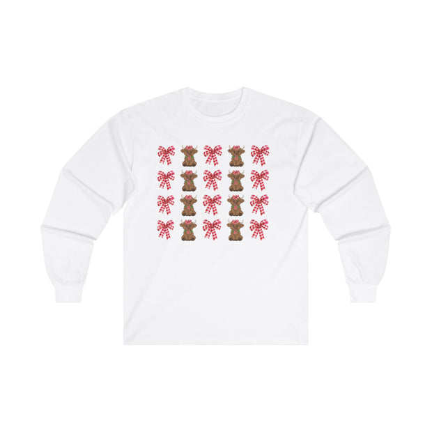 Christmas Cow with Bow Unisex Long Sleeve Tee, Holiday Festive Shirt, Winter Xmas Top, Red Green Bow Long Sleeve Shirt, Cute Holiday Tee