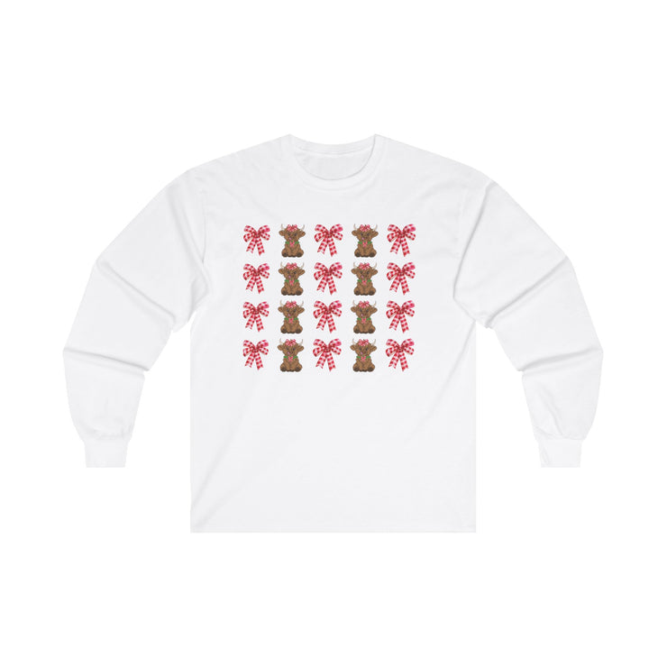 Christmas Cow with Bow Unisex Long Sleeve Tee, Holiday Festive Shirt, Winter Xmas Top, Red Green Bow Long Sleeve Shirt, Cute Holiday Tee