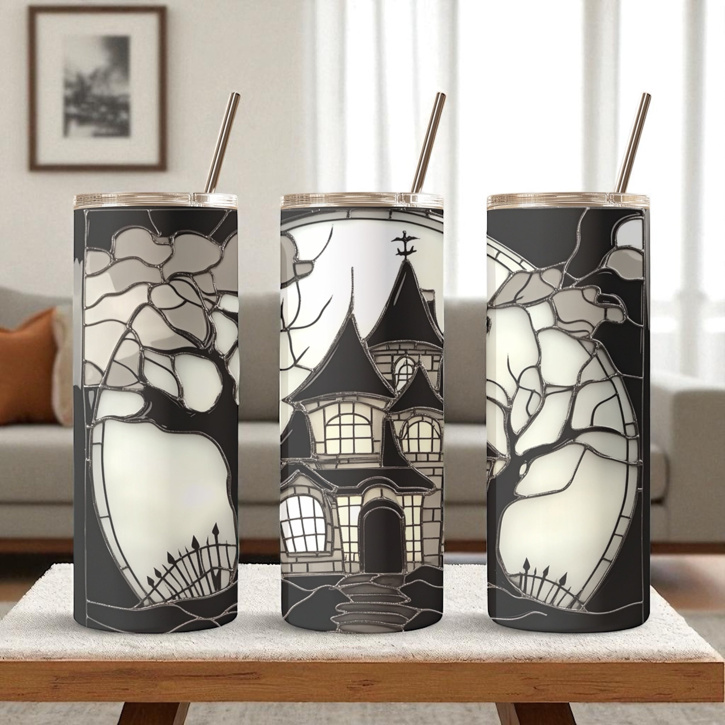 Haunted House Halloween Tumbler – Black & White Gothic Spooky Cup with Straw (20oz Skinny