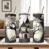 Haunted House Halloween Tumbler – Black & White Gothic Spooky Cup with Straw (20oz Skinny