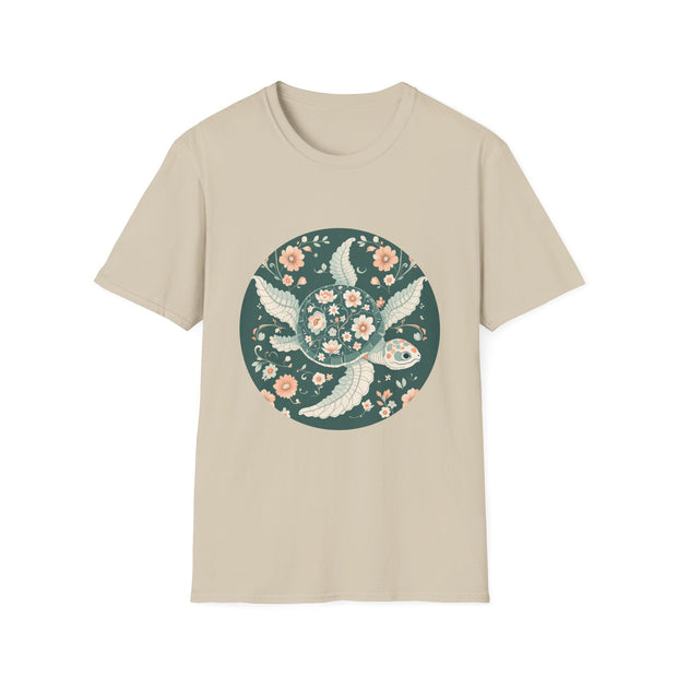 Floral Turtle Unisex Softstyle T-Shirt - Eco-Friendly Nature Apparel