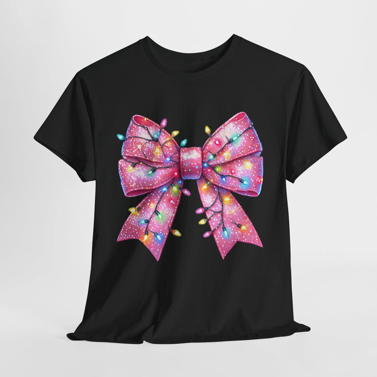 Christmas Bow Tee Shirt, Holiday Lights Design, Festive Cotton Tshirt, Xmas Gift, Cute Pink Tee, Unisex Top, Christmas Apparel, Holiday