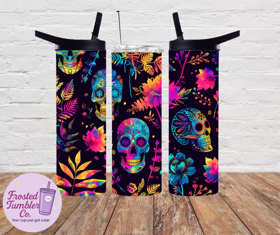 20oz Stainless Steel Skinny Tumblers – Vibrant Sugar Skull & Autumn Forest Designs | Frosted Tumbler Co