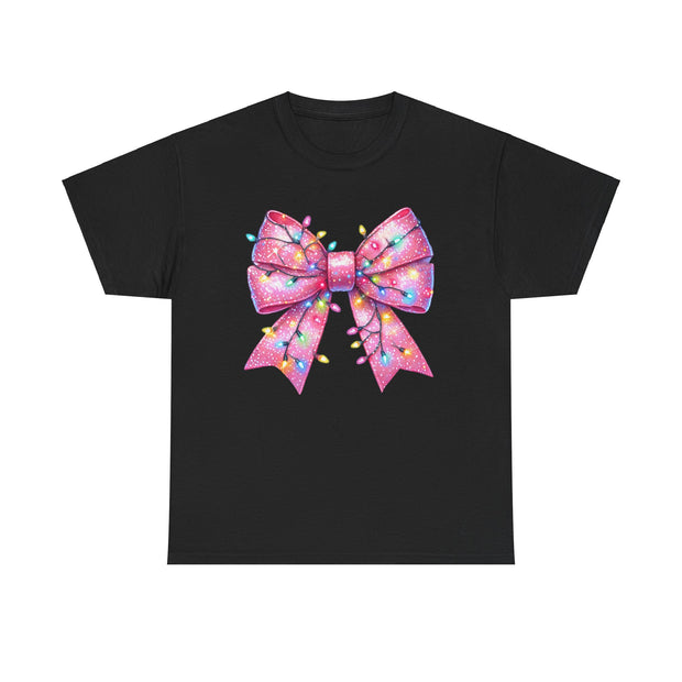 Christmas Bow Tee Shirt, Holiday Lights Design, Festive Cotton Tshirt, Xmas Gift, Cute Pink Tee, Unisex Top, Christmas Apparel, Holiday