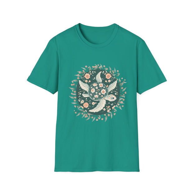 Floral Turtle Unisex Softstyle T-Shirt - Nature-Inspired Graphic Tee for Eco-Lovers