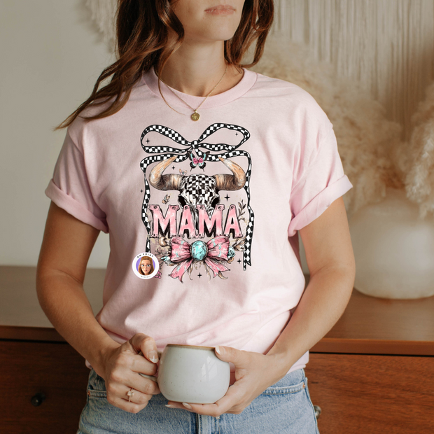 Western Mama Tee – Pink Checkered Skull & Bow Design on Gildan Heavy Cotton