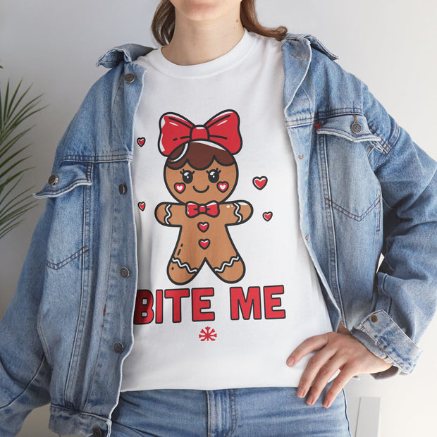 Gingerbread Girl Bite Me T-Shirt, Christmas Shirt, Holiday Tee, Funny Graphic Top, Festive Apparel