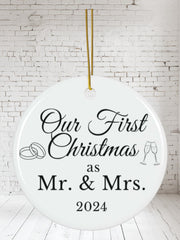 Christmas Mr and Mrs Ceramic Ornament, First Married Holiday Gift, Newlyweds Keepsake Decoration, Tree Decor, Wedding Present, Xmas Bauble,