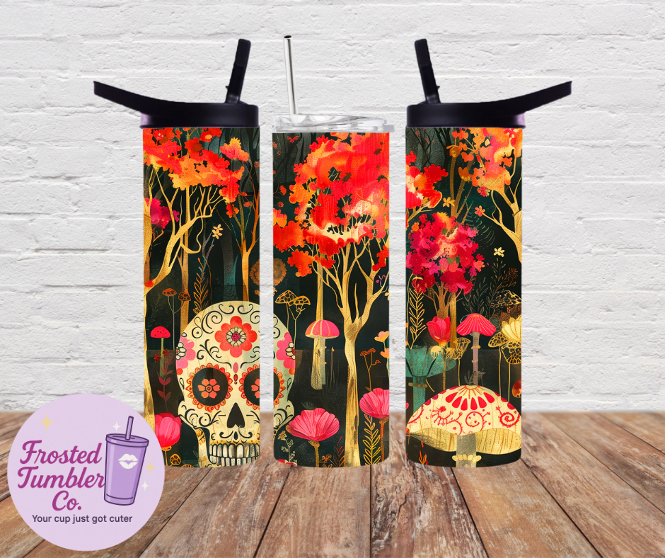 20oz Stainless Steel Skinny Tumblers – Vibrant Sugar Skull & Autumn Forest Designs | Frosted Tumbler Co