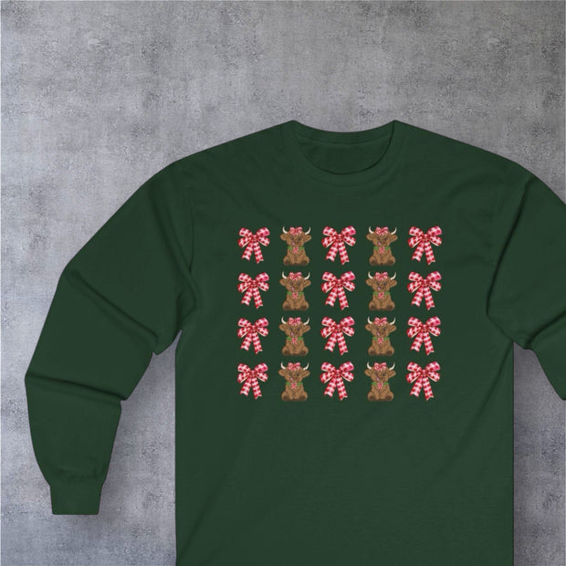 Christmas Cow with Bow Unisex Long Sleeve Tee, Holiday Festive Shirt, Winter Xmas Top, Red Green Bow Long Sleeve Shirt, Cute Holiday Tee