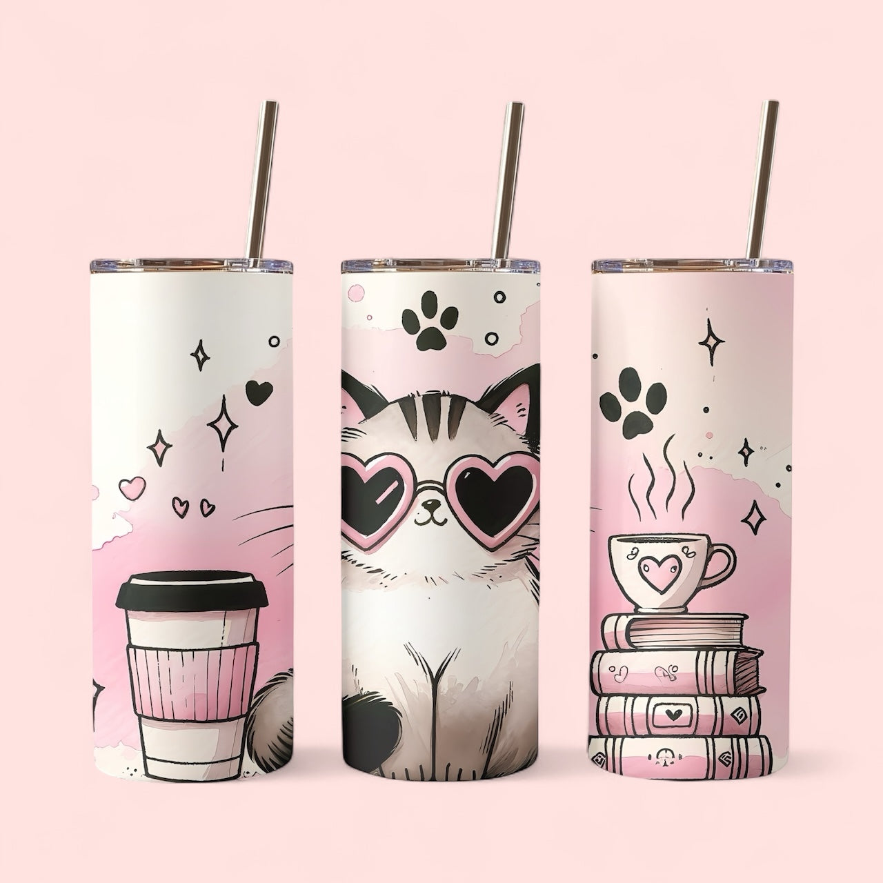 Kawaii Cat Tumbler – Pink Coffee & Books Cup with Straw (20oz Skinny