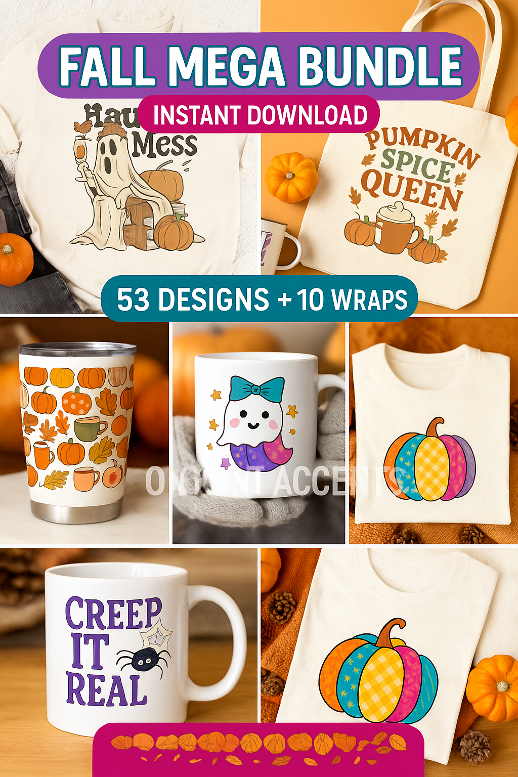 🍂 Fall Mega Bundle | 43 Autumn Shirt Designs + 10 Bonus Wraps & Decals | Halloween, Thanksgiving & Cozy Fall Graphics