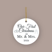 Christmas Mr and Mrs Ceramic Ornament, First Married Holiday Gift, Newlyweds Keepsake Decoration, Tree Decor, Wedding Present, Xmas Bauble,