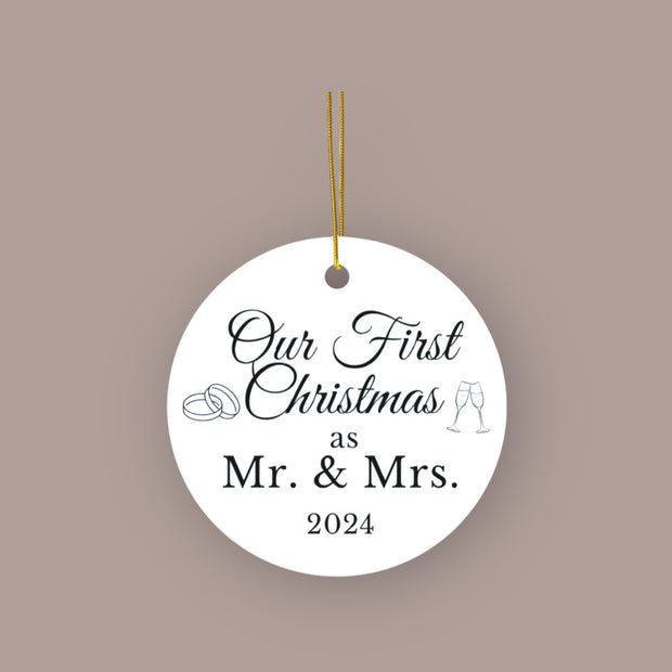 Christmas Mr and Mrs Ceramic Ornament, First Married Holiday Gift, Newlyweds Keepsake Decoration, Tree Decor, Wedding Present, Xmas Bauble,