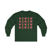 Christmas Cow with Bow Unisex Long Sleeve Tee, Holiday Festive Shirt, Winter Xmas Top, Red Green Bow Long Sleeve Shirt, Cute Holiday Tee