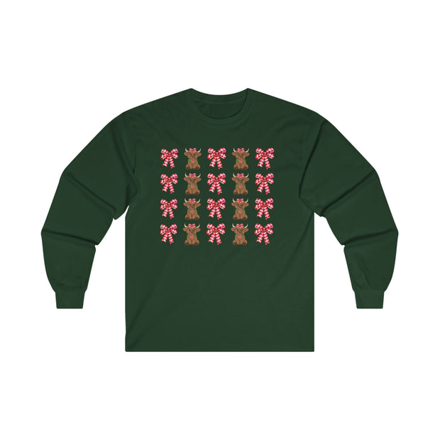 Christmas Cow with Bow Unisex Long Sleeve Tee, Holiday Festive Shirt, Winter Xmas Top, Red Green Bow Long Sleeve Shirt, Cute Holiday Tee