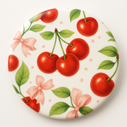 Whimsical Cherry Gnome Ceramic Coaster – Round 4” Drink Coaster with Glossy Finish – Cute Summer Table Decor