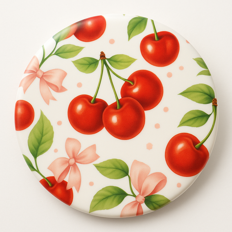 Whimsical Cherry Gnome Ceramic Coaster – Round 4” Drink Coaster with Glossy Finish – Cute Summer Table Decor