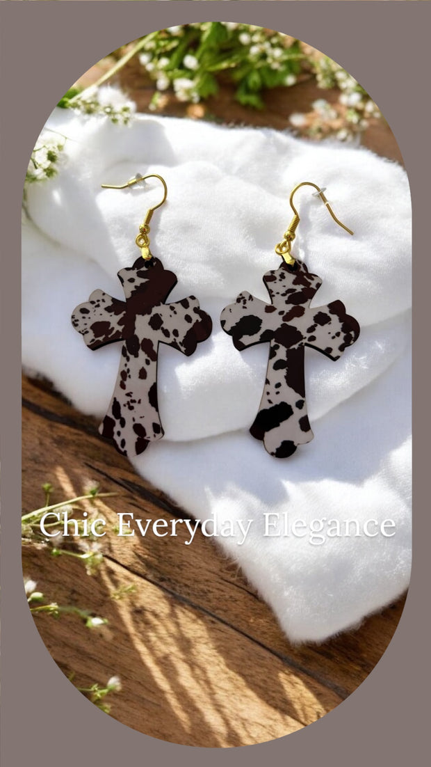 Cow Print Cross Earrings