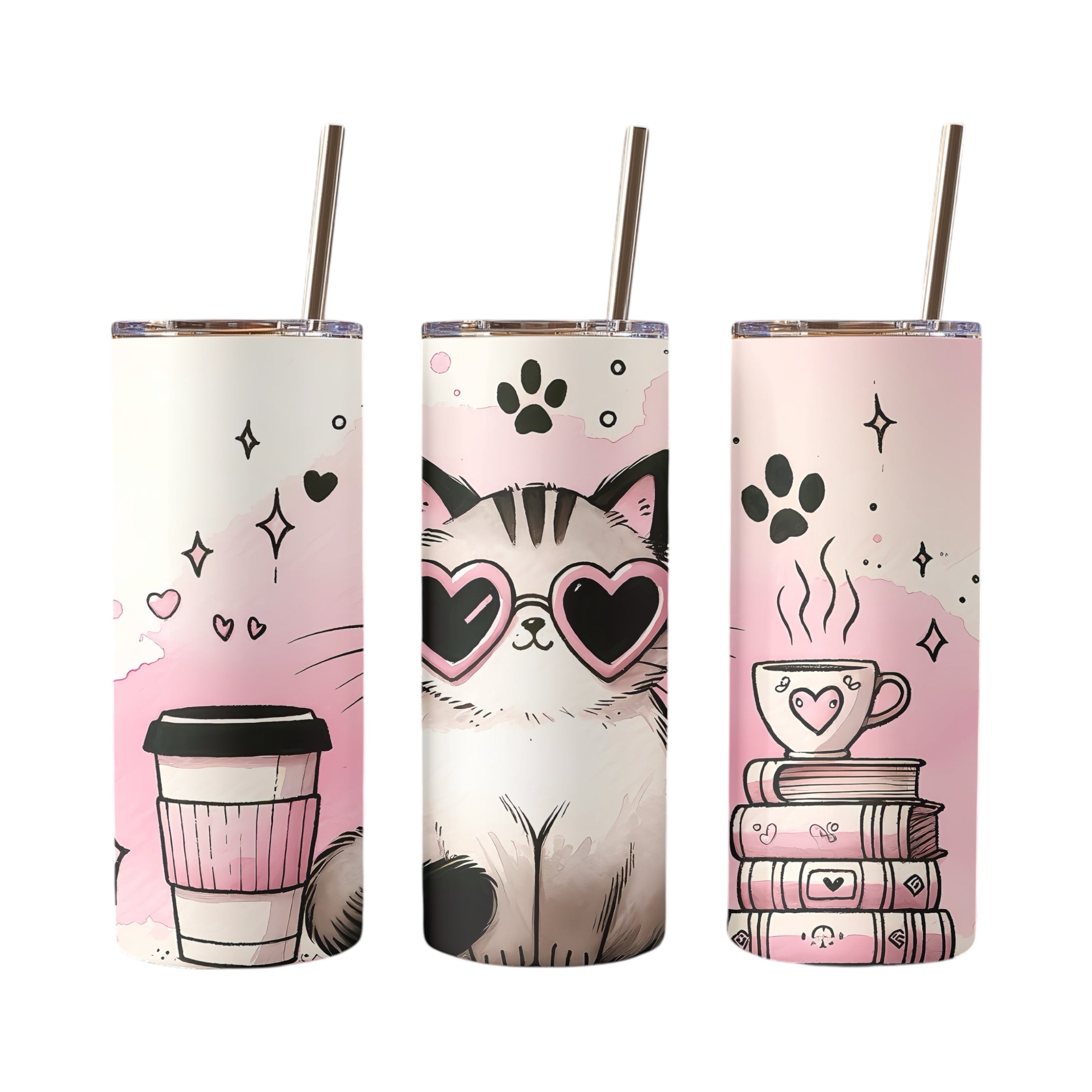 Kawaii Cat Tumbler – Pink Coffee & Books Cup with Straw (20oz Skinny