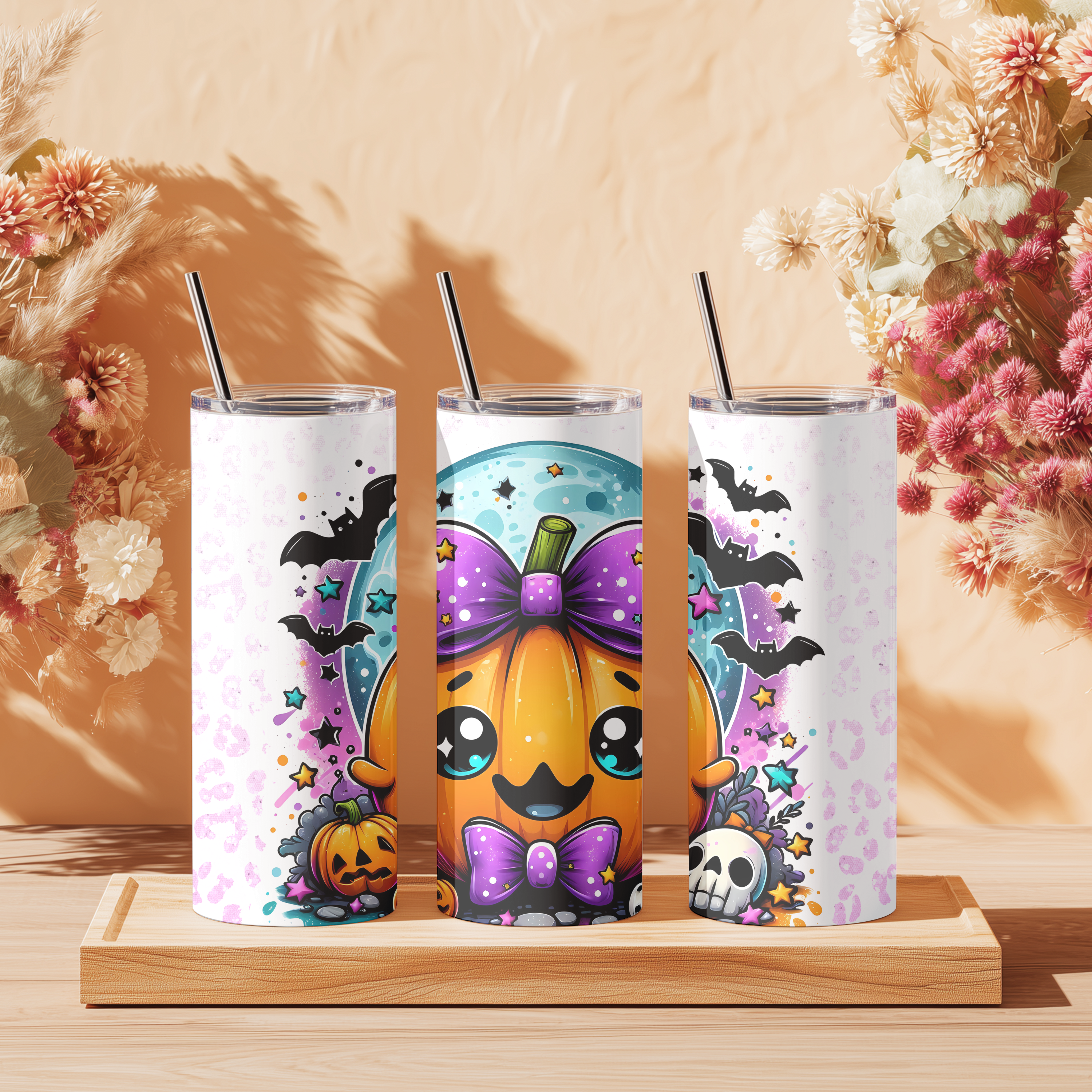 Kawaii Pumpkin Halloween Tumbler – Cute Fall Cup with Purple Bows & Straw (20oz Skinny