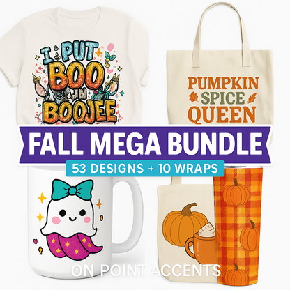 🍂 Fall Mega Bundle | 43 Autumn Shirt Designs + 10 Bonus Wraps & Decals | Halloween, Thanksgiving & Cozy Fall Graphics