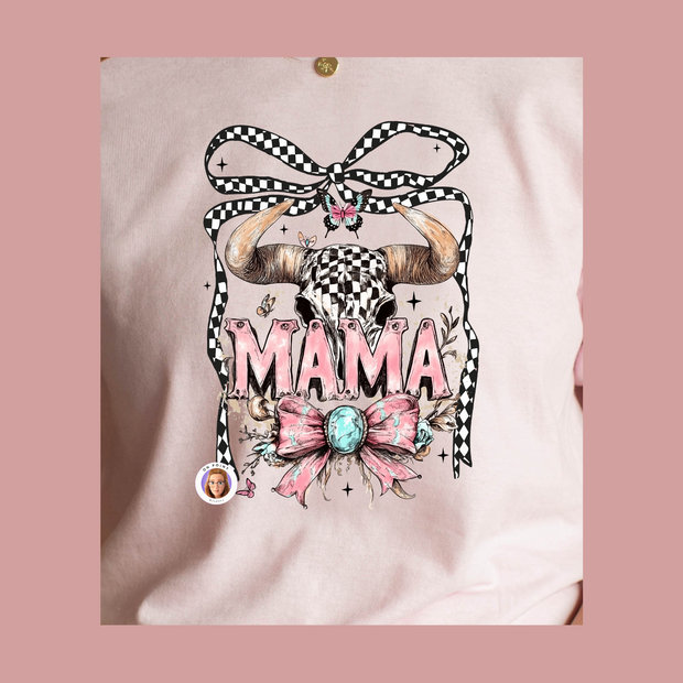 Western Mama Tee – Pink Checkered Skull & Bow Design on Gildan Heavy Cotton