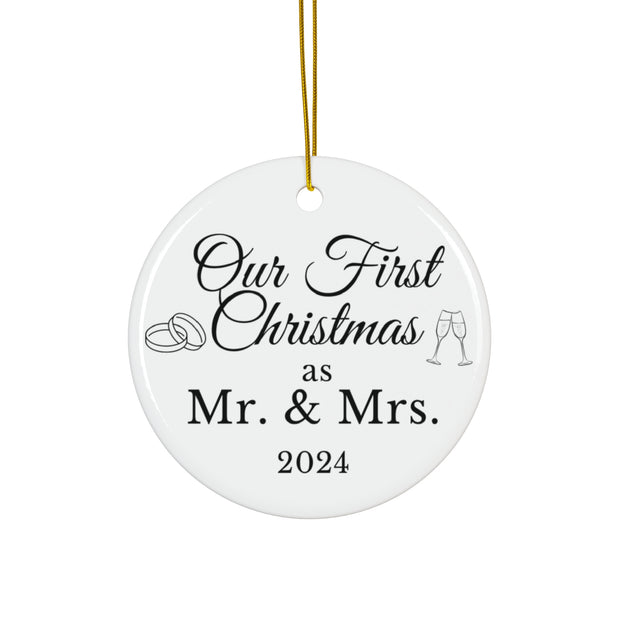 Christmas Mr and Mrs Ceramic Ornament, First Married Holiday Gift, Newlyweds Keepsake Decoration, Tree Decor, Wedding Present, Xmas Bauble,