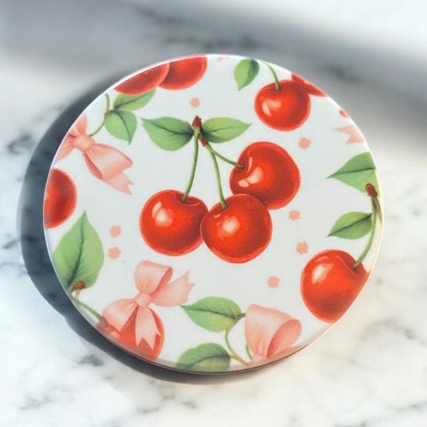 Whimsical Cherry Gnome Ceramic Coaster – Round 4” Drink Coaster with Glossy Finish – Cute Summer Table Decor
