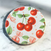 Whimsical Cherry Gnome Ceramic Coaster – Round 4” Drink Coaster with Glossy Finish – Cute Summer Table Decor
