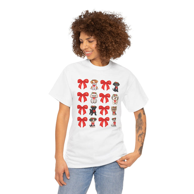 Christmas Bows and Dogs Unisex Tee, Holiday Dog Lover T-Shirt, Festive Bow Design Shirt, Cute Christmas Tee, Holiday Season Graphic Shirt