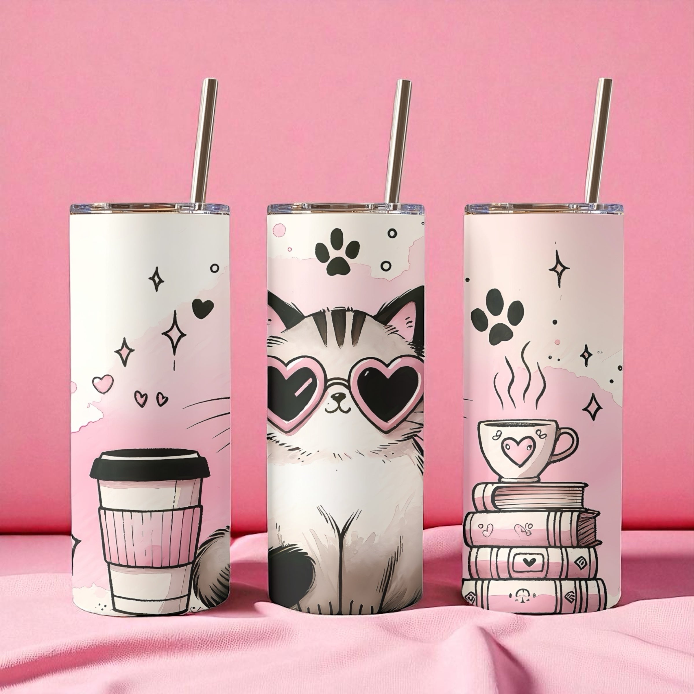 Kawaii Cat Tumbler – Pink Coffee & Books Cup with Straw (20oz Skinny