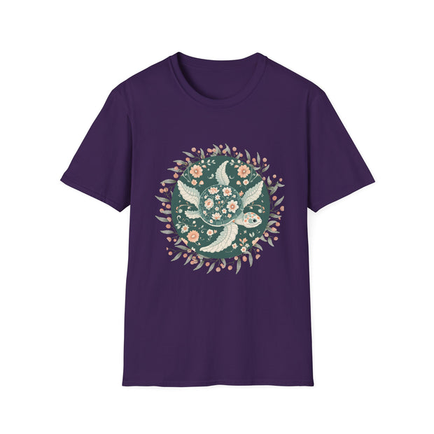 Floral Turtle Unisex Softstyle T-Shirt - Nature-Inspired Graphic Tee for Eco-Lovers