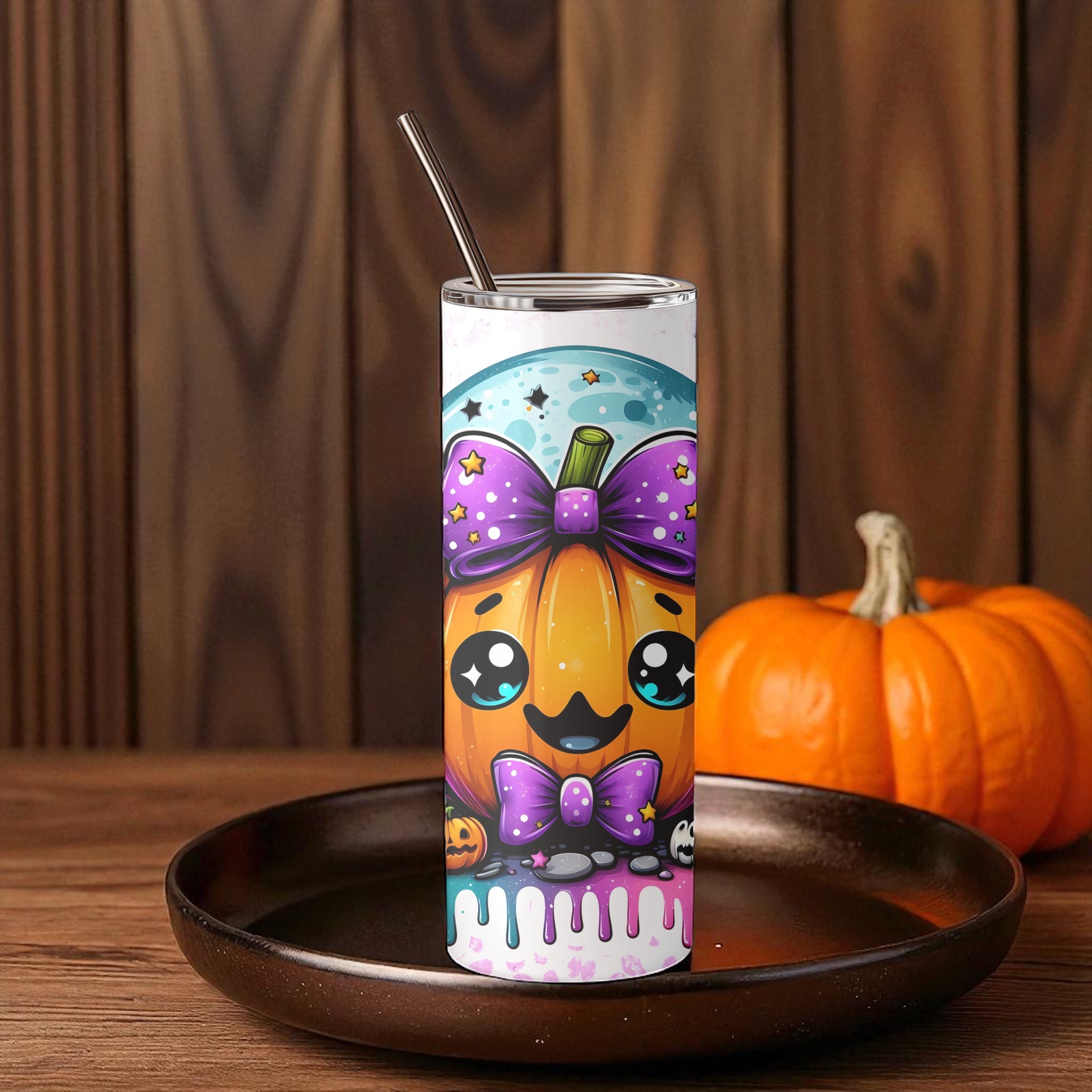 Kawaii Pumpkin Halloween Tumbler – Cute Fall Cup with Purple Bows & Straw (20oz Skinny