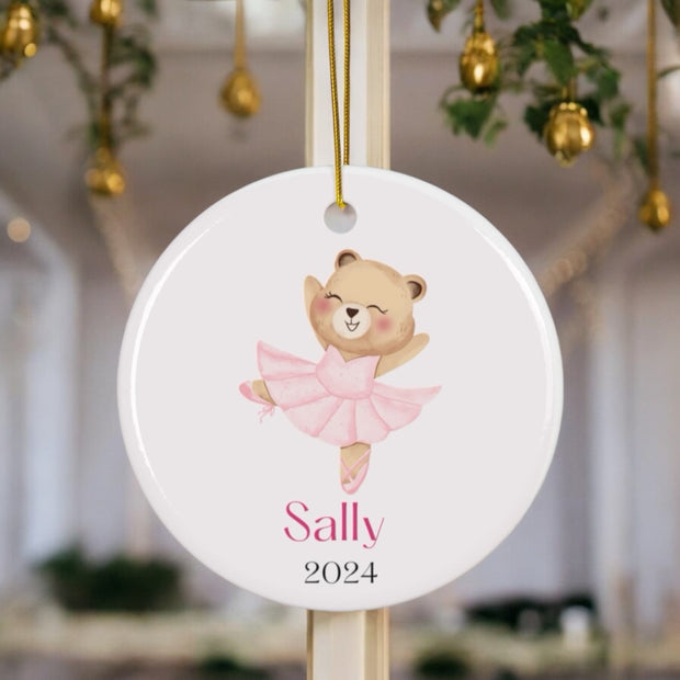 Ballerina Bear Ceramic Ornament, Personalized Christmas Tree Decoration, Holiday Gift, Ballet Lover, Keepsake Ornament, Custom Name