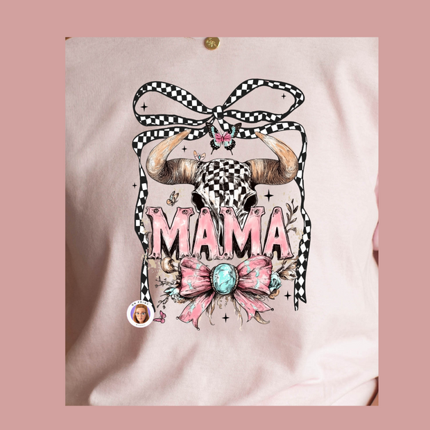 Western Mama Tee – Pink Checkered Skull & Bow Design on Gildan Heavy Cotton