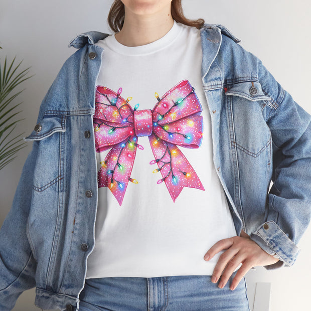 Christmas Bow Tee Shirt, Holiday Lights Design, Festive Cotton Tshirt, Xmas Gift, Cute Pink Tee, Unisex Top, Christmas Apparel, Holiday