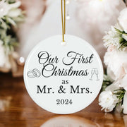 Christmas Mr and Mrs Ceramic Ornament, First Married Holiday Gift, Newlyweds Keepsake Decoration, Tree Decor, Wedding Present, Xmas Bauble,