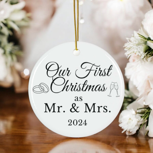 Christmas Mr and Mrs Ceramic Ornament, First Married Holiday Gift, Newlyweds Keepsake Decoration, Tree Decor, Wedding Present, Xmas Bauble,