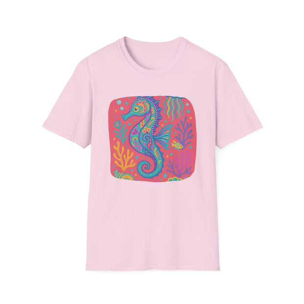 Colorful Seahorse Unisex Softstyle T-Shirt - Vibrant Ocean-Inspired Design
