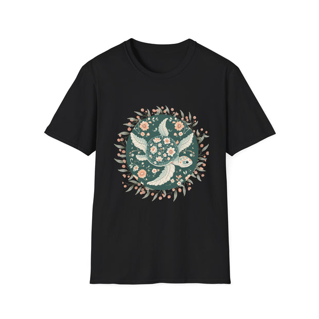 Floral Turtle Unisex Softstyle T-Shirt - Nature-Inspired Graphic Tee for Eco-Lovers