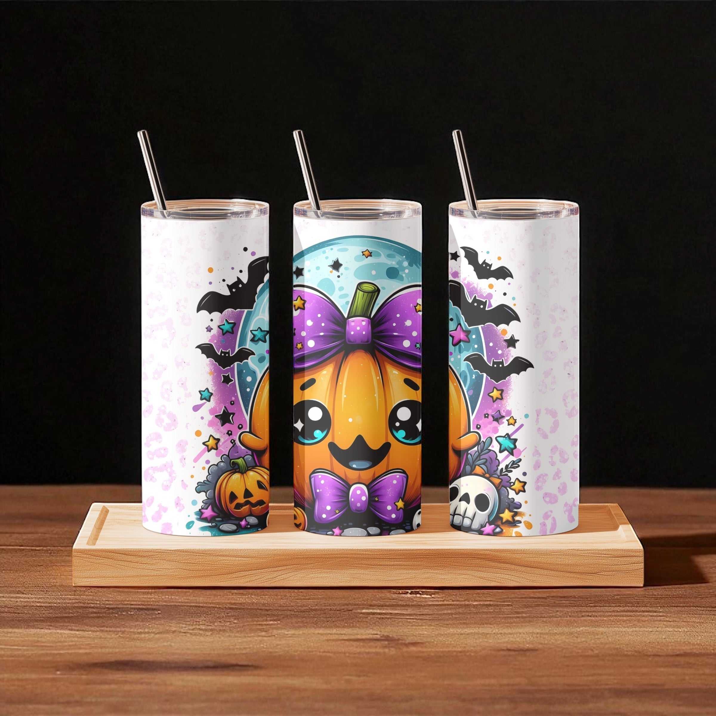 Kawaii Pumpkin Halloween Tumbler – Cute Fall Cup with Purple Bows & Straw (20oz Skinny