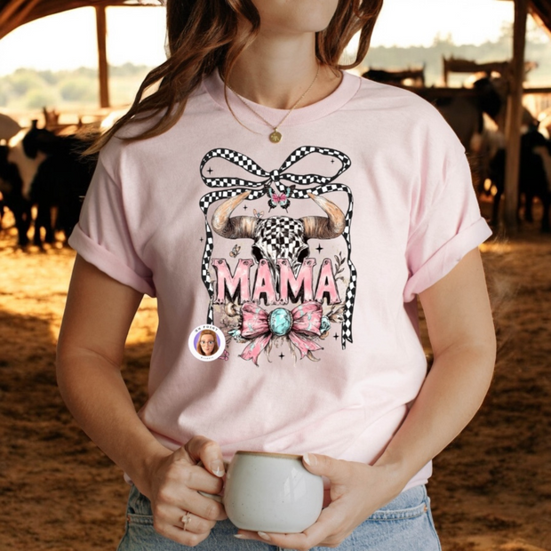 Western Mama Tee – Pink Checkered Skull & Bow Design on Gildan Heavy Cotton