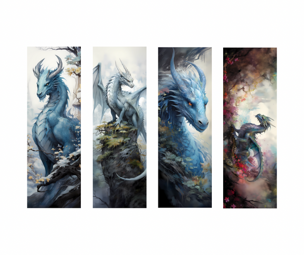 4 pack blue set water color dragon bookmarks