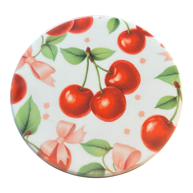 Whimsical Cherry Gnome Ceramic Coaster – Round 4” Drink Coaster with Glossy Finish – Cute Summer Table Decor