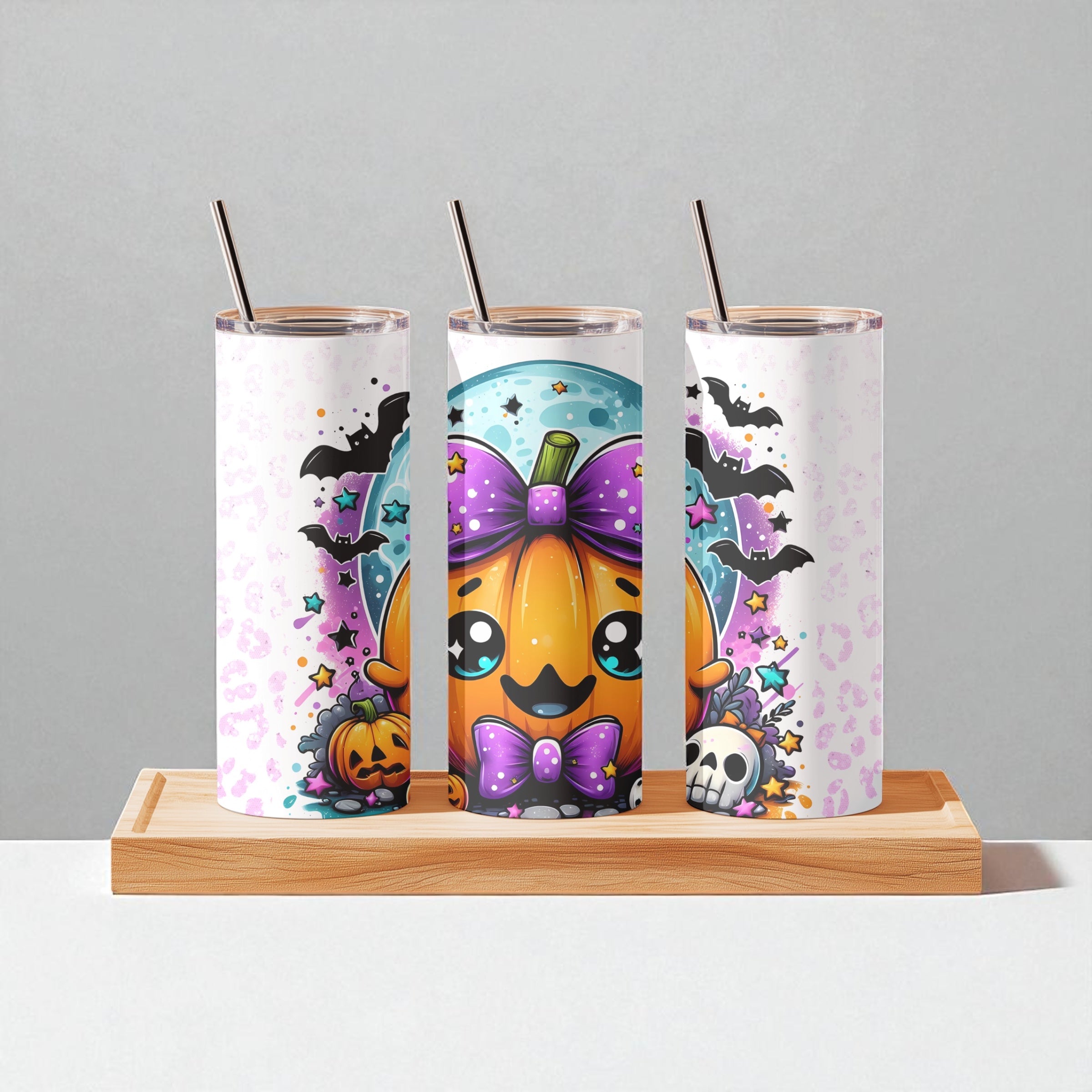 Kawaii Pumpkin Halloween Tumbler – Cute Fall Cup with Purple Bows & Straw (20oz Skinny